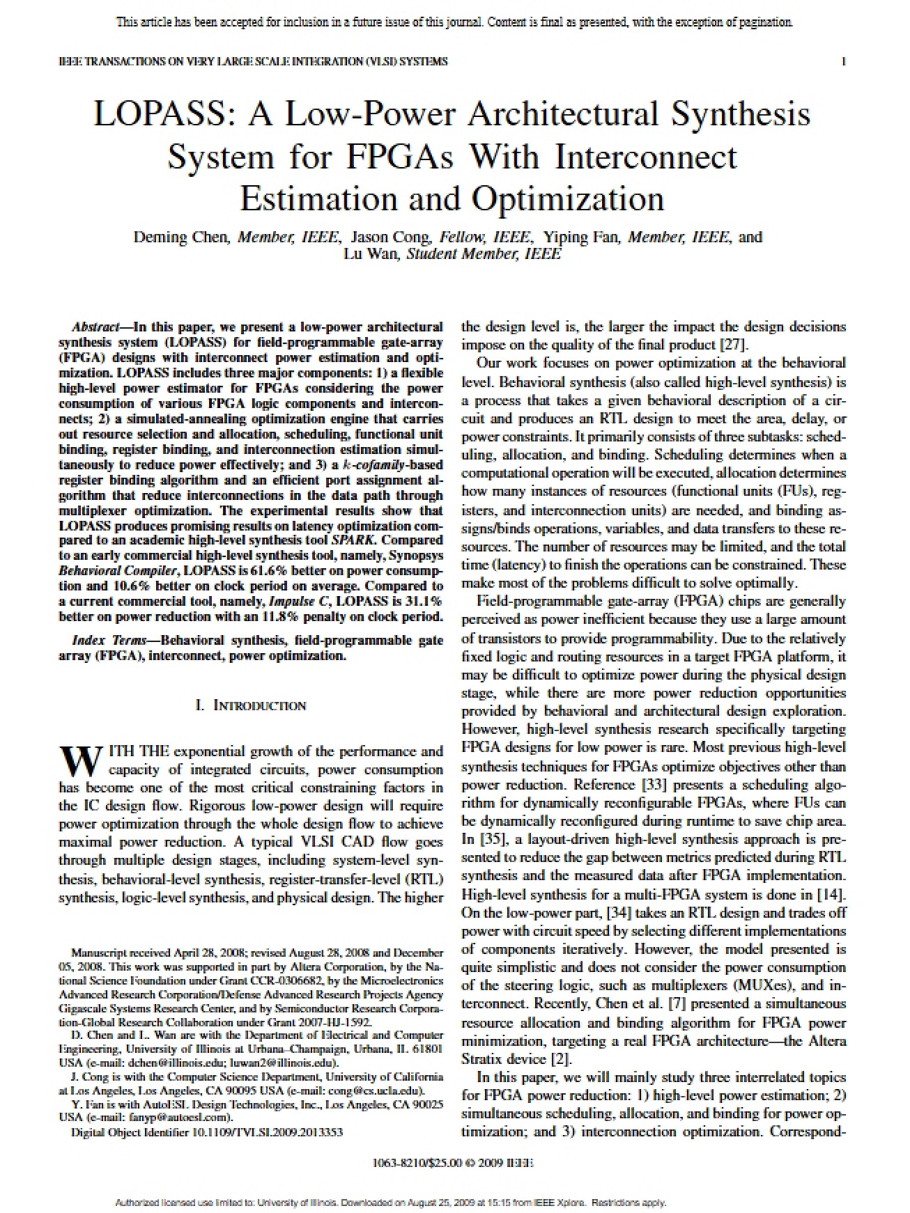 Interconnect Estimation Low-Power FPGA Synthesis