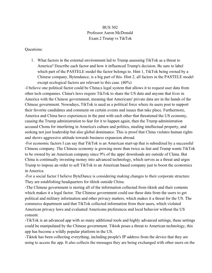 Exam 2 (BUS 302) - Trump vs TikTok