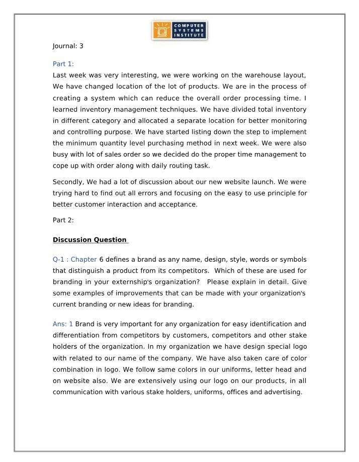 Journal on Branding and Inventory Management Techniques