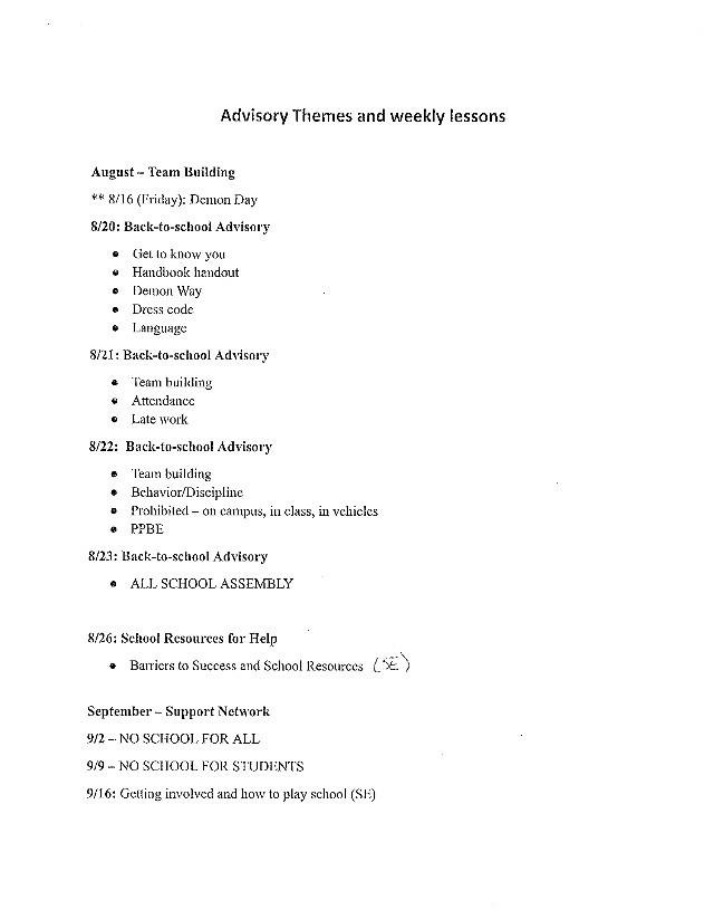 Weekly Lessons and Advisory Themes Calendar