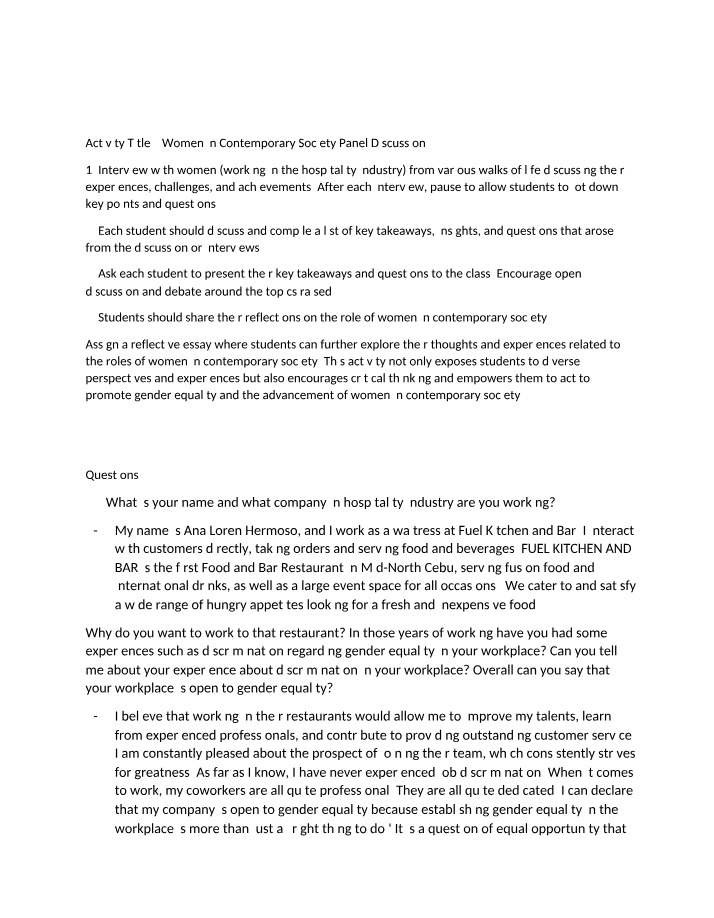 Women in Contemporary Society - Essay Assignment and Panel Discussion