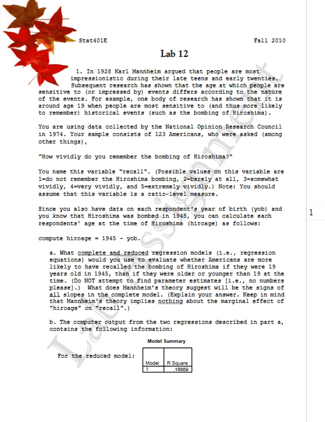 Twelfth Lab for Statistical Methods for Research