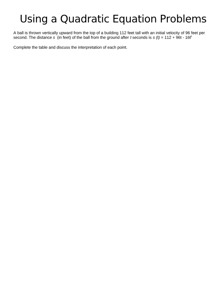 Problems Using Quadratic Equations