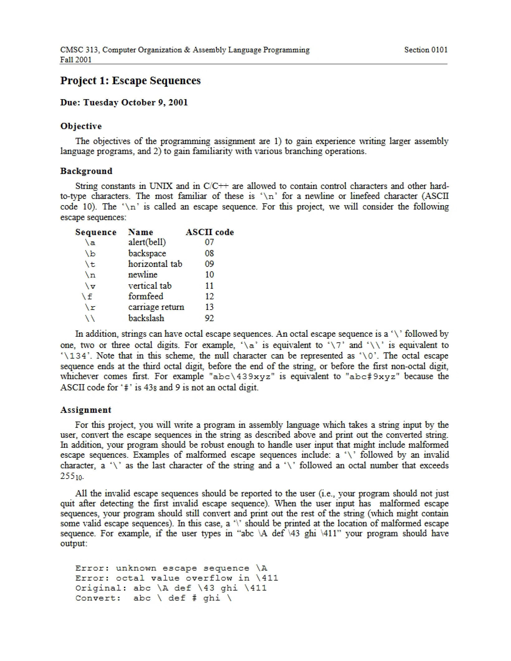 Escape Sequences (Project 1)