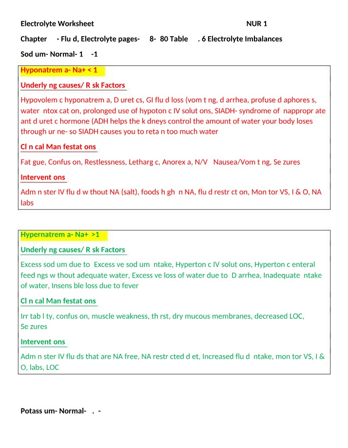 Electrolyte Imbalances - Symptoms, Causes, and Interventions Worksheet