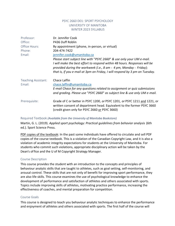 Winter 2023 Syllabus for PSYC 2660 Sport Psychology