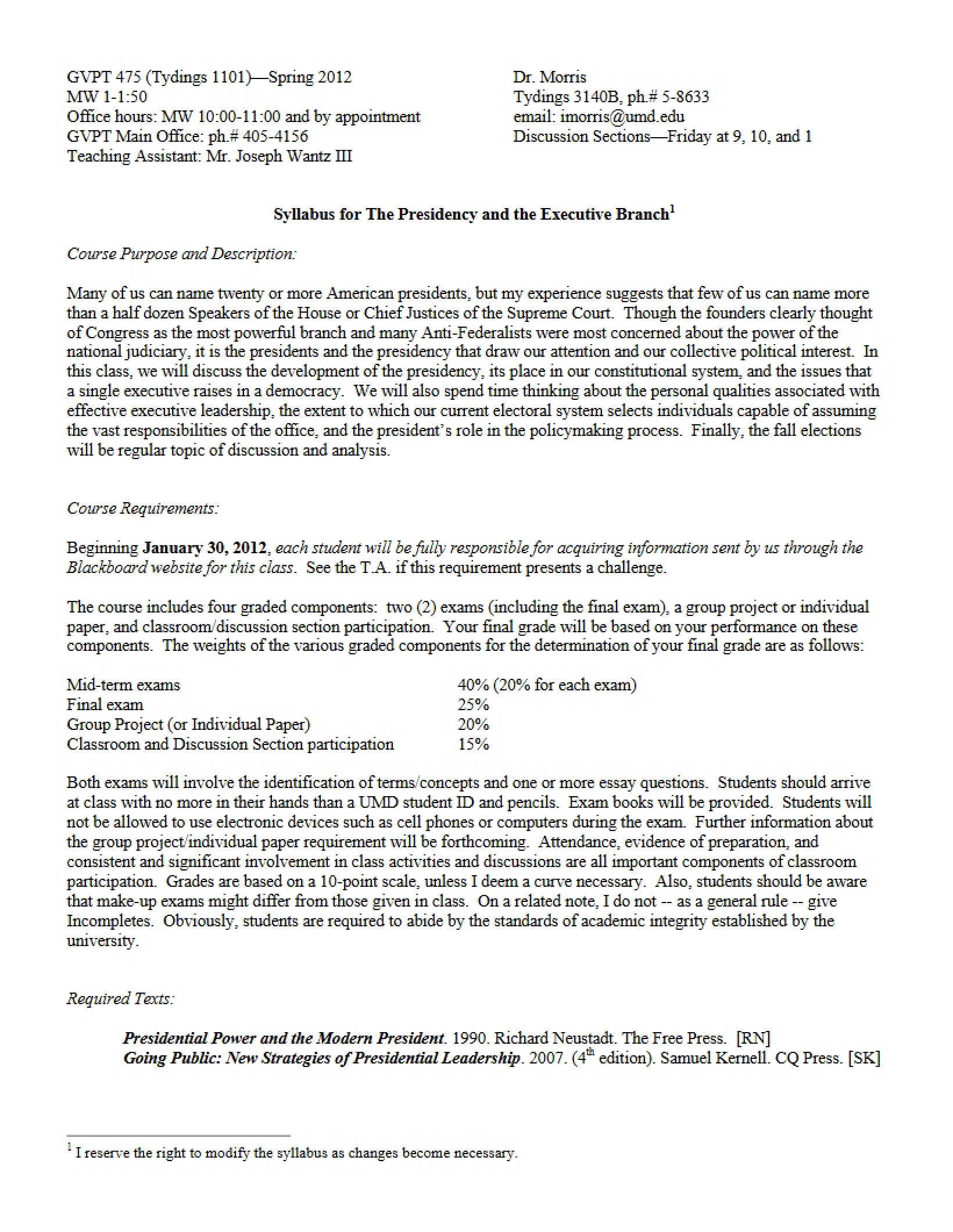 Presidency and Executive Branch Syllabus