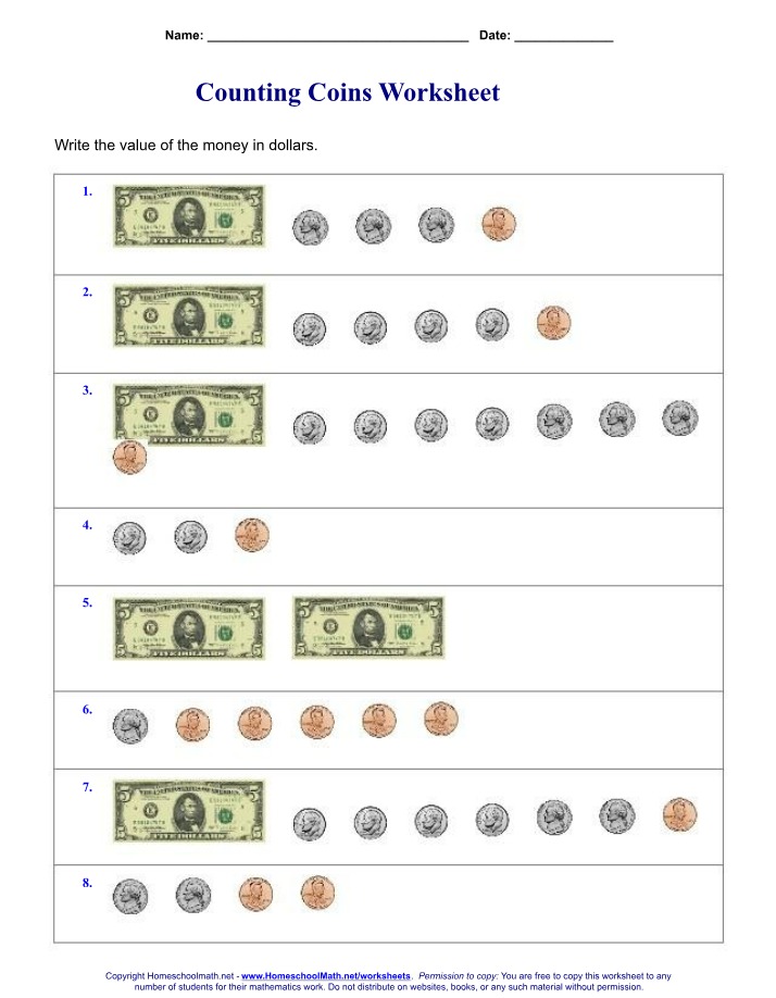 Worksheet for Counting Coins