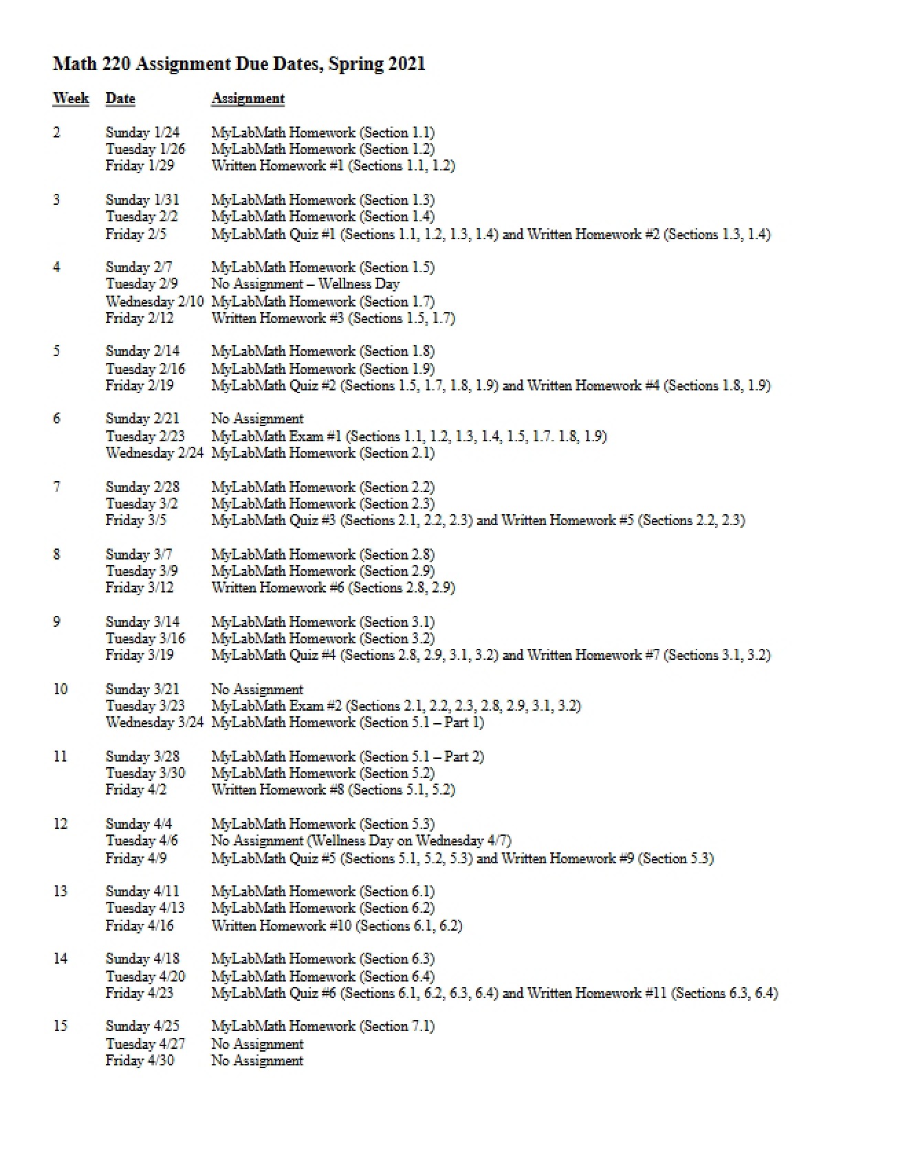 Spring 2021 Assignment Deadlines