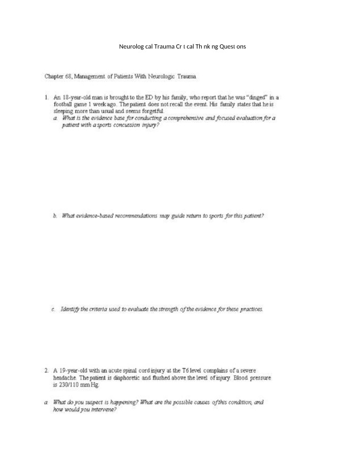 Critical Thinking Questions on Neurological Trauma