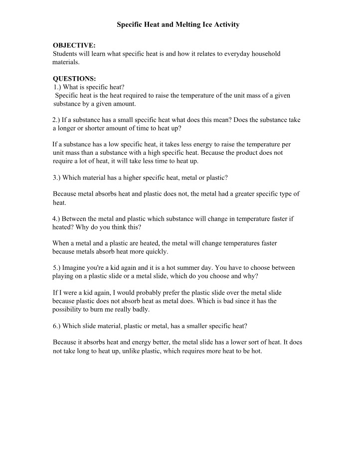 Activity on Specific Heat and Melting Ice