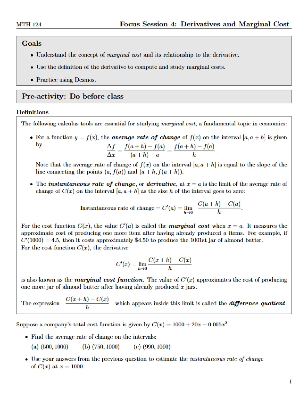 Marginal Cost and Derivatives (Focus Session 4)