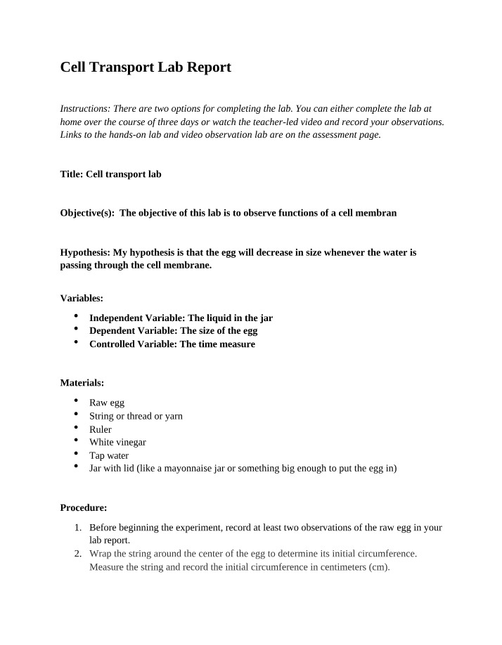 Cell Transport Lab - Results and Report