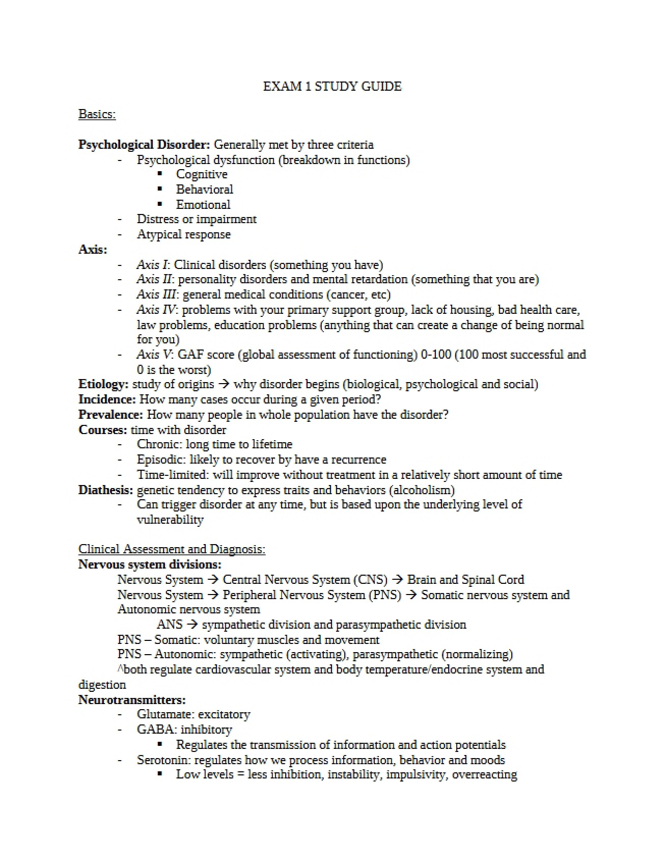 First Exam Study Guide for Abnormal Psychology