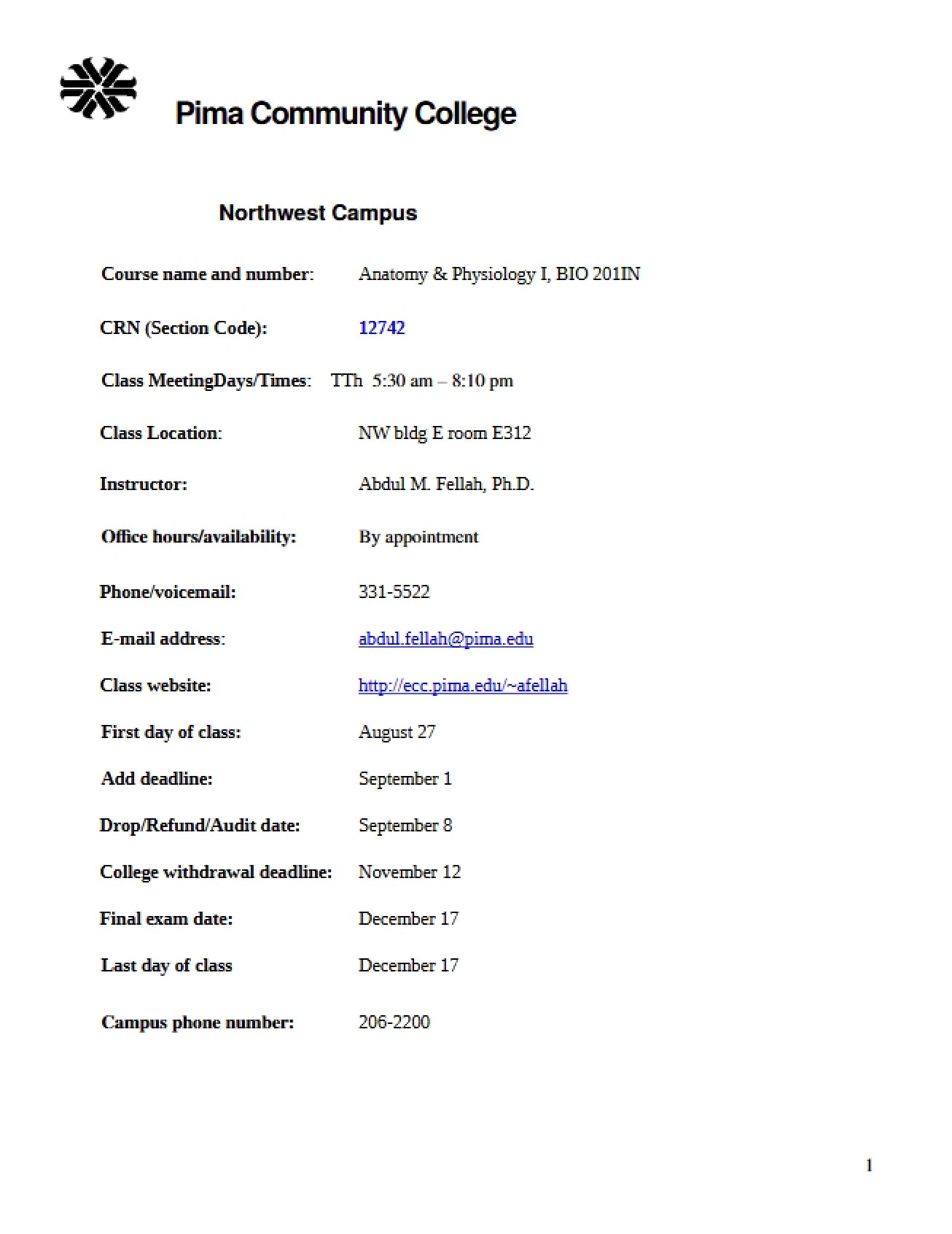Syllabus for Human Anatomy and Physiology I