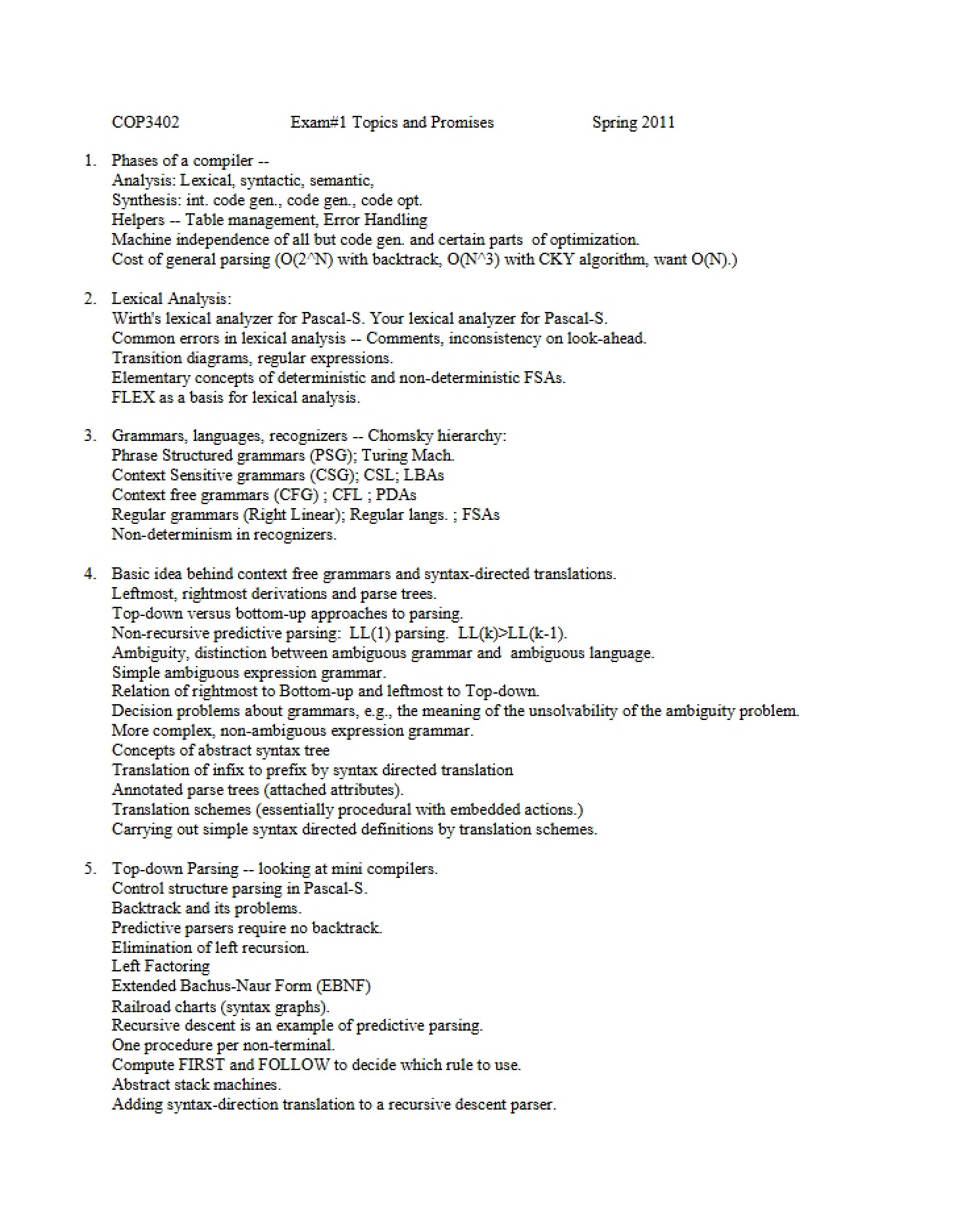 Exam Topics for COP 3402