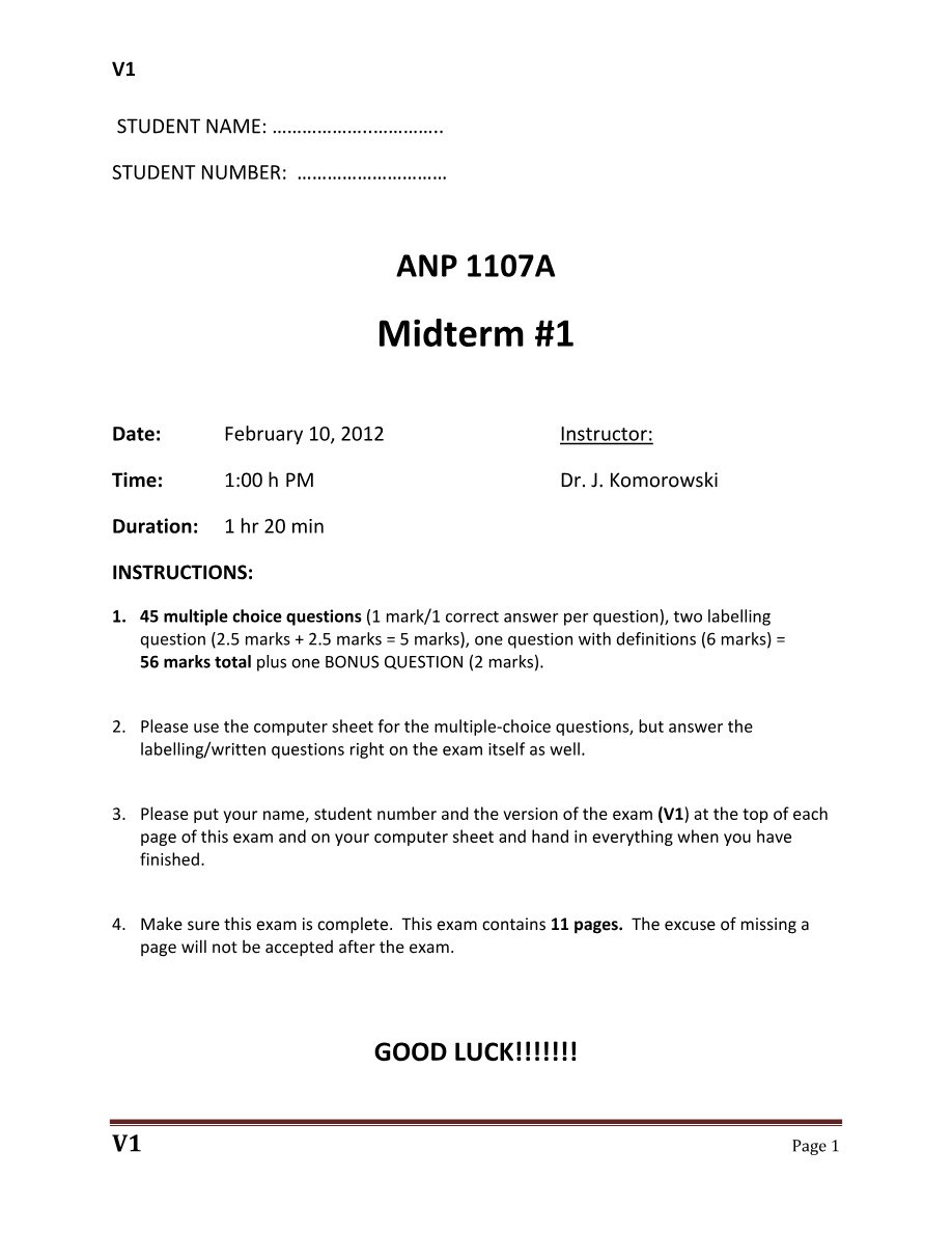 ANP 1107A Midterm Version 1