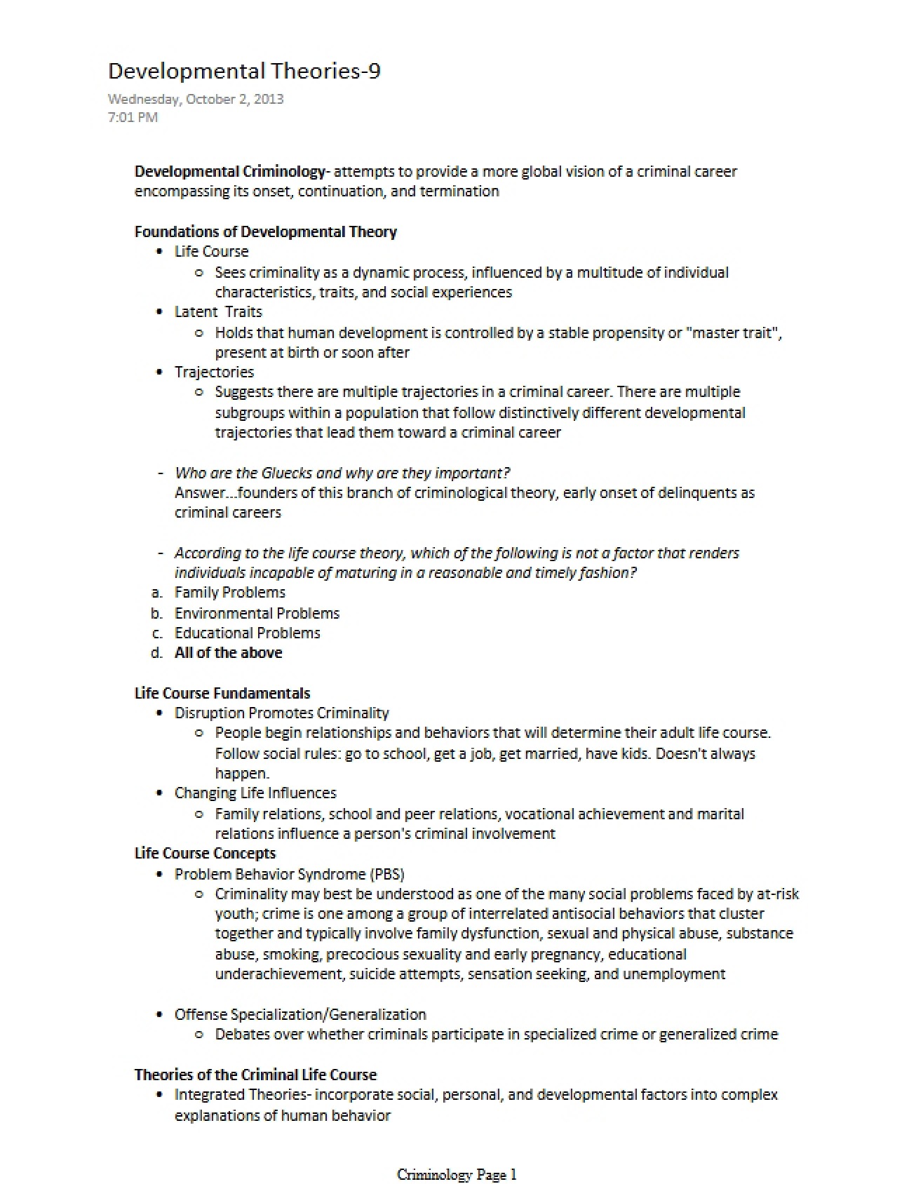 Criminology Developmental Theories (Chapter 9)