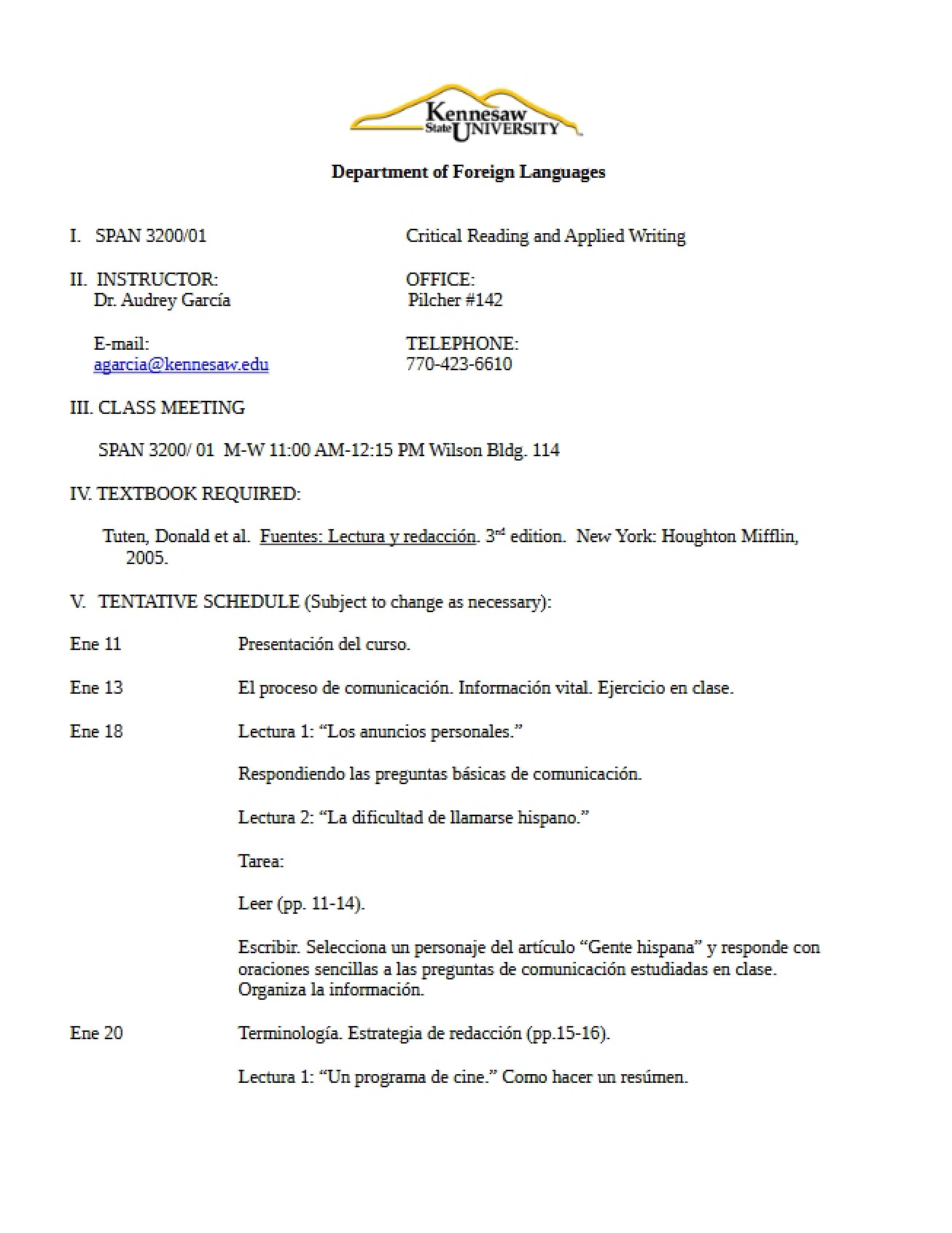 Course Information for Critical Reading & Writing