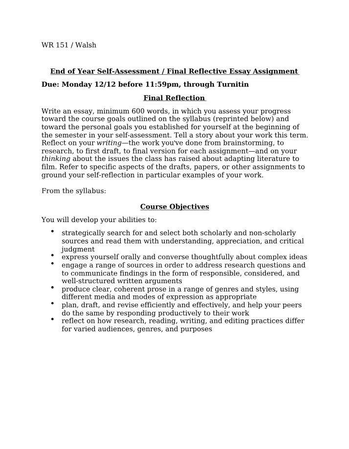 WR 151 Final Reflective Essay Assignment
