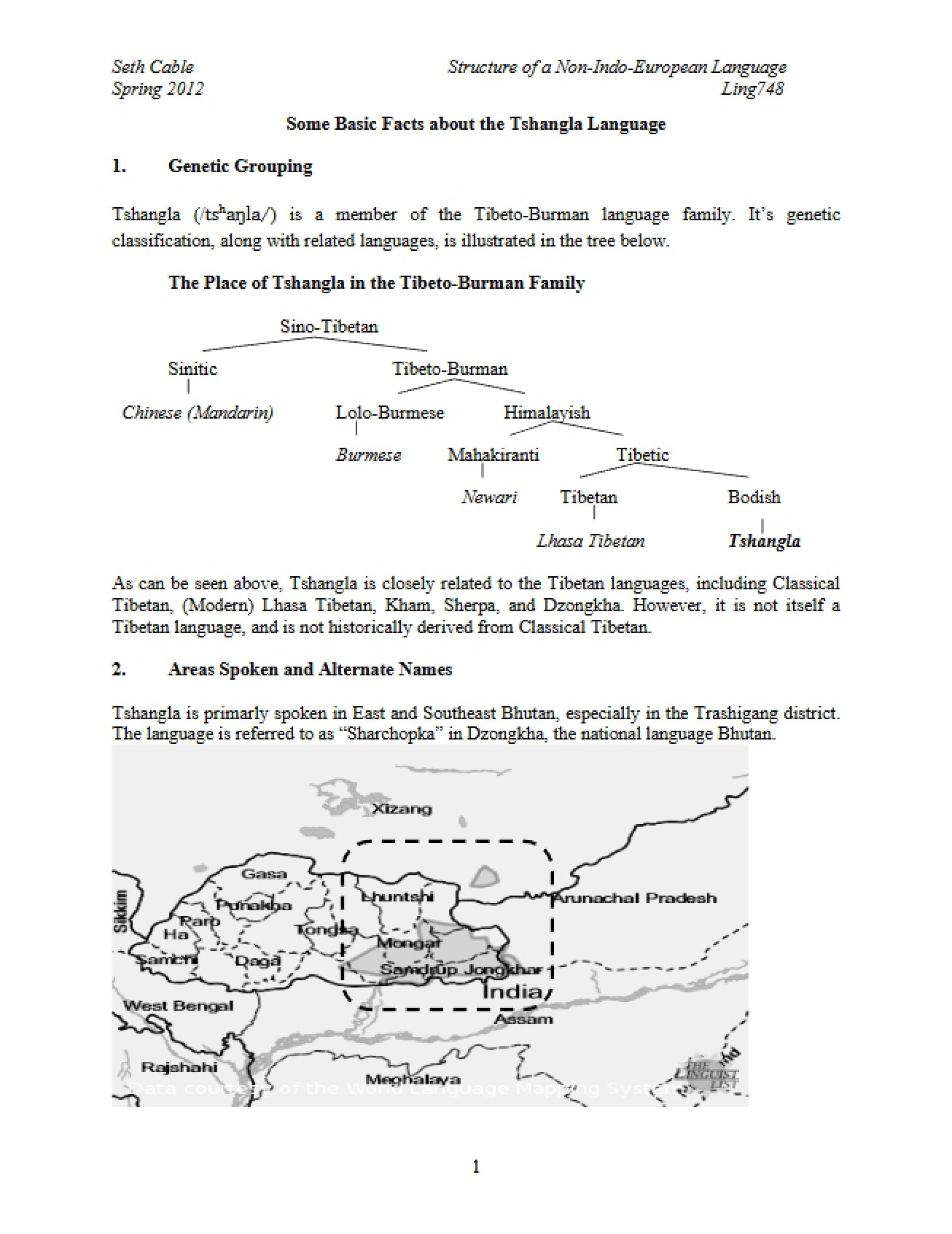 Tshangla Language Basic Facts