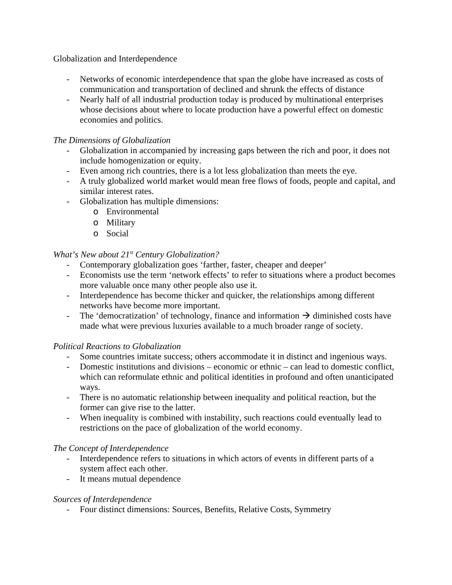 Notes on Globalization and Interdependence