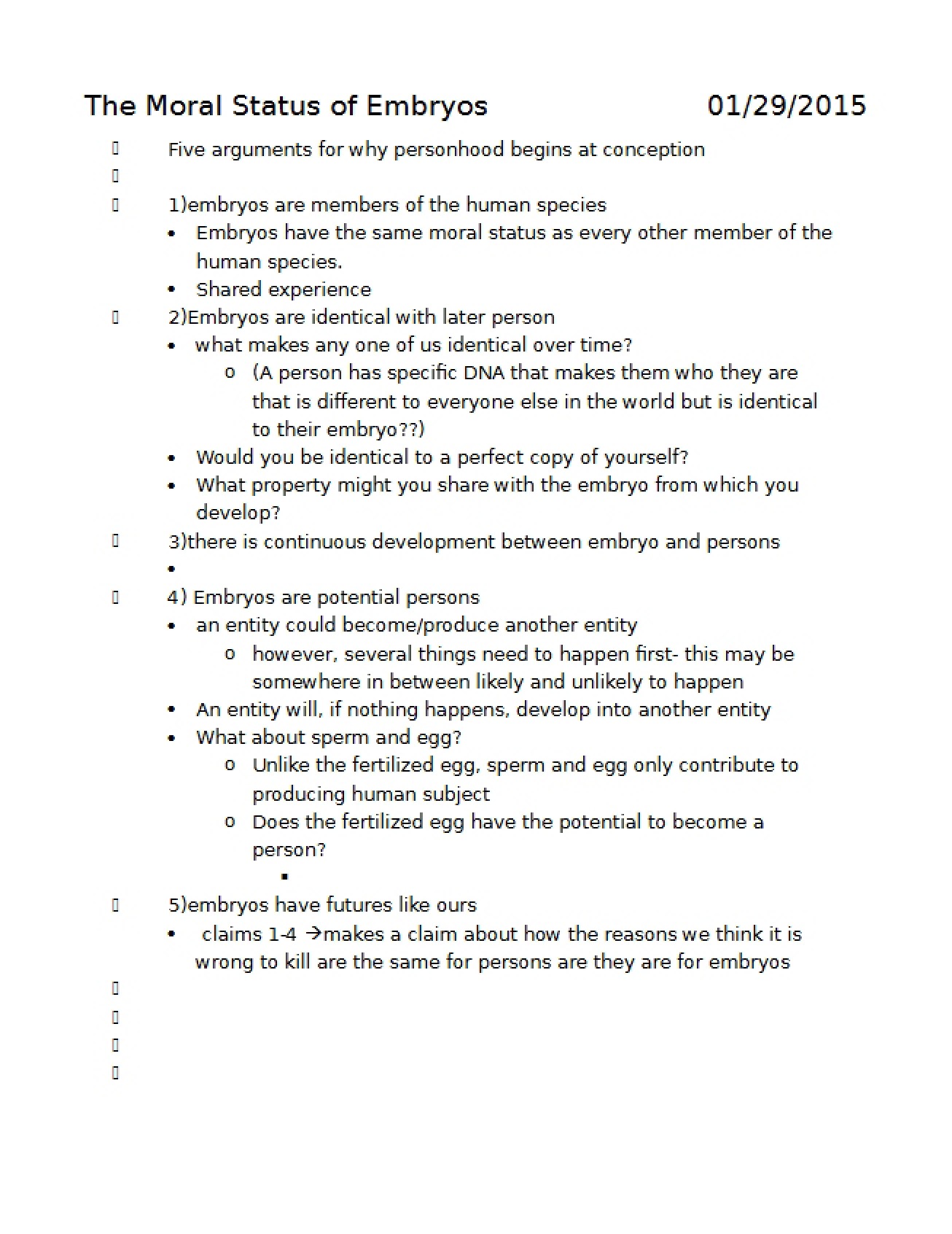 January 29th Class Notes on Medical Ethics