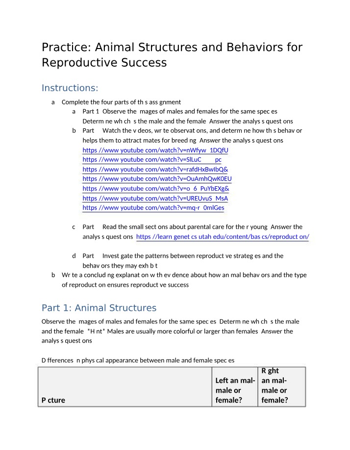 Animal Structures and Behaviors for Reproductive Success - Practice