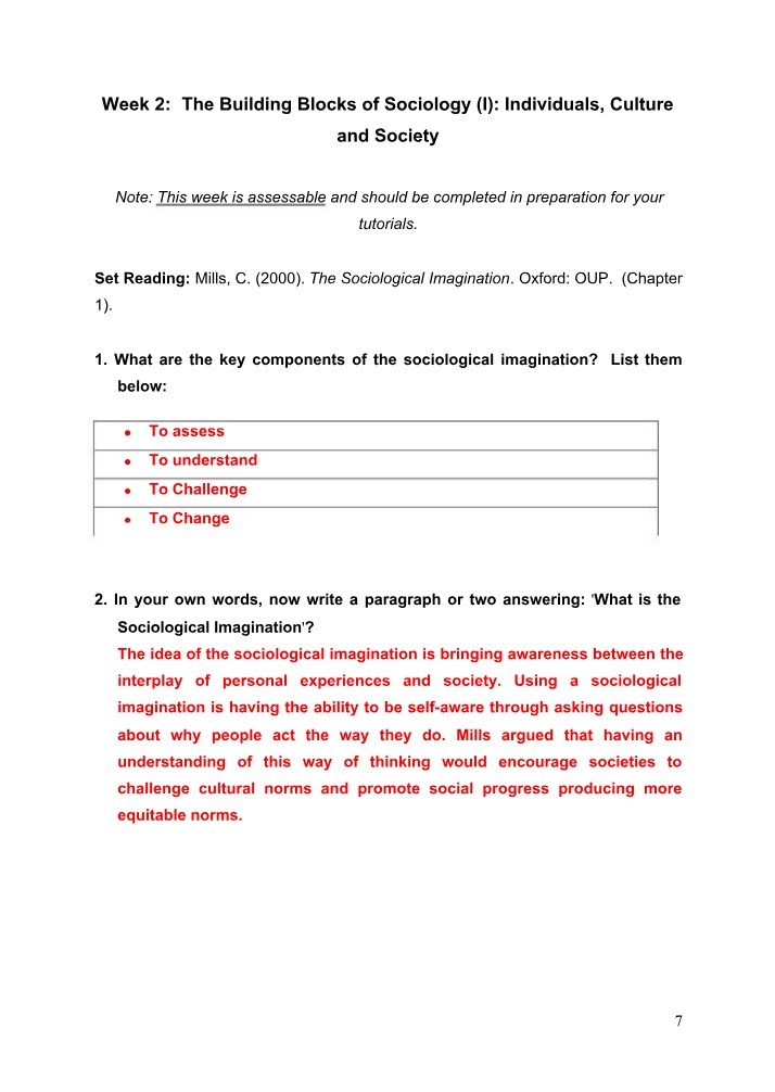 Notes and Exercises for Sociology Week 2 and 3