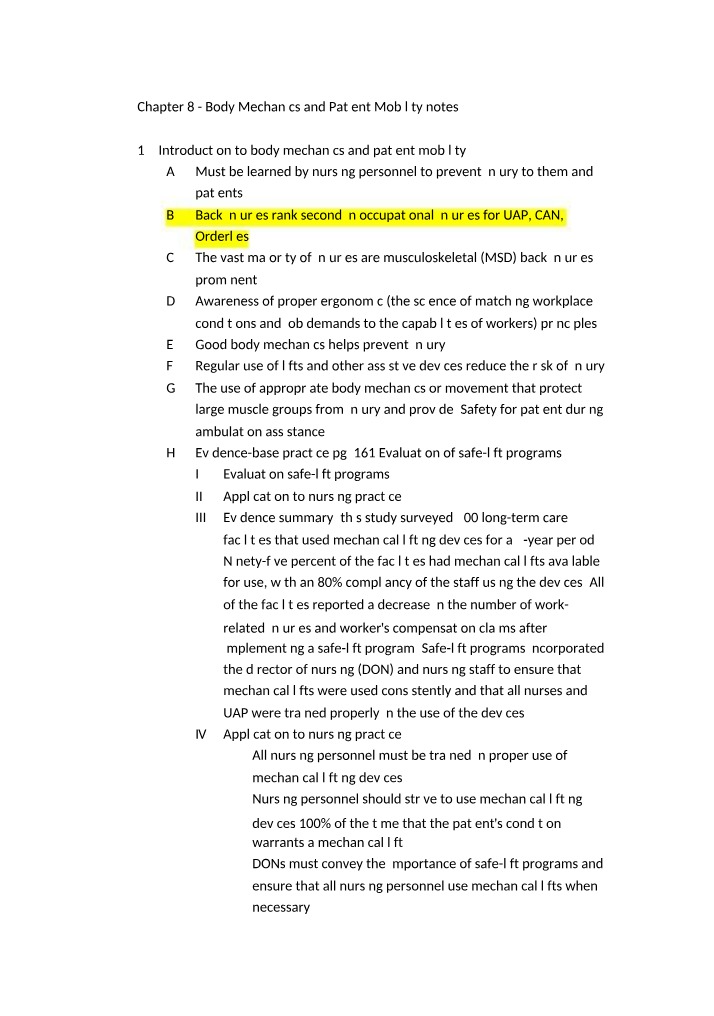 Notes on Body Mechanics and Patient Mobility Chapter 8