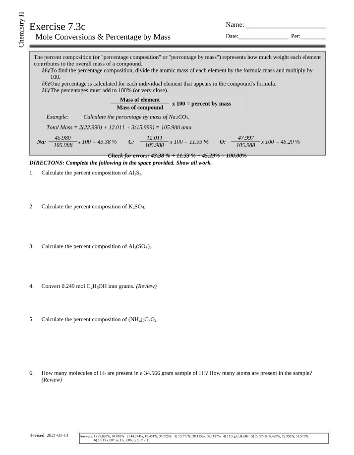 Mole Conversions and Percentage by Mass - Calculations and Examples