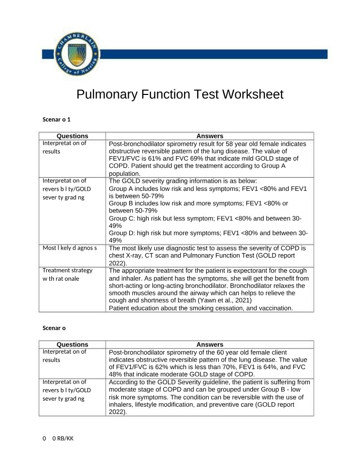 Worksheet for Pulmonary Function Tests