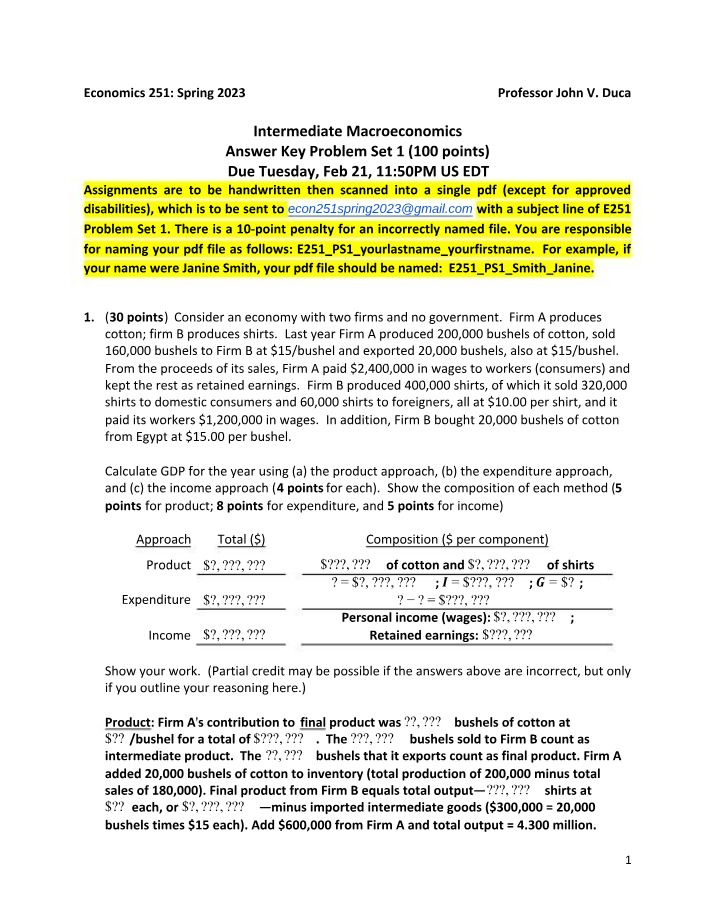 Problem Set 1 Answer Key - Econ251 Spring 2023