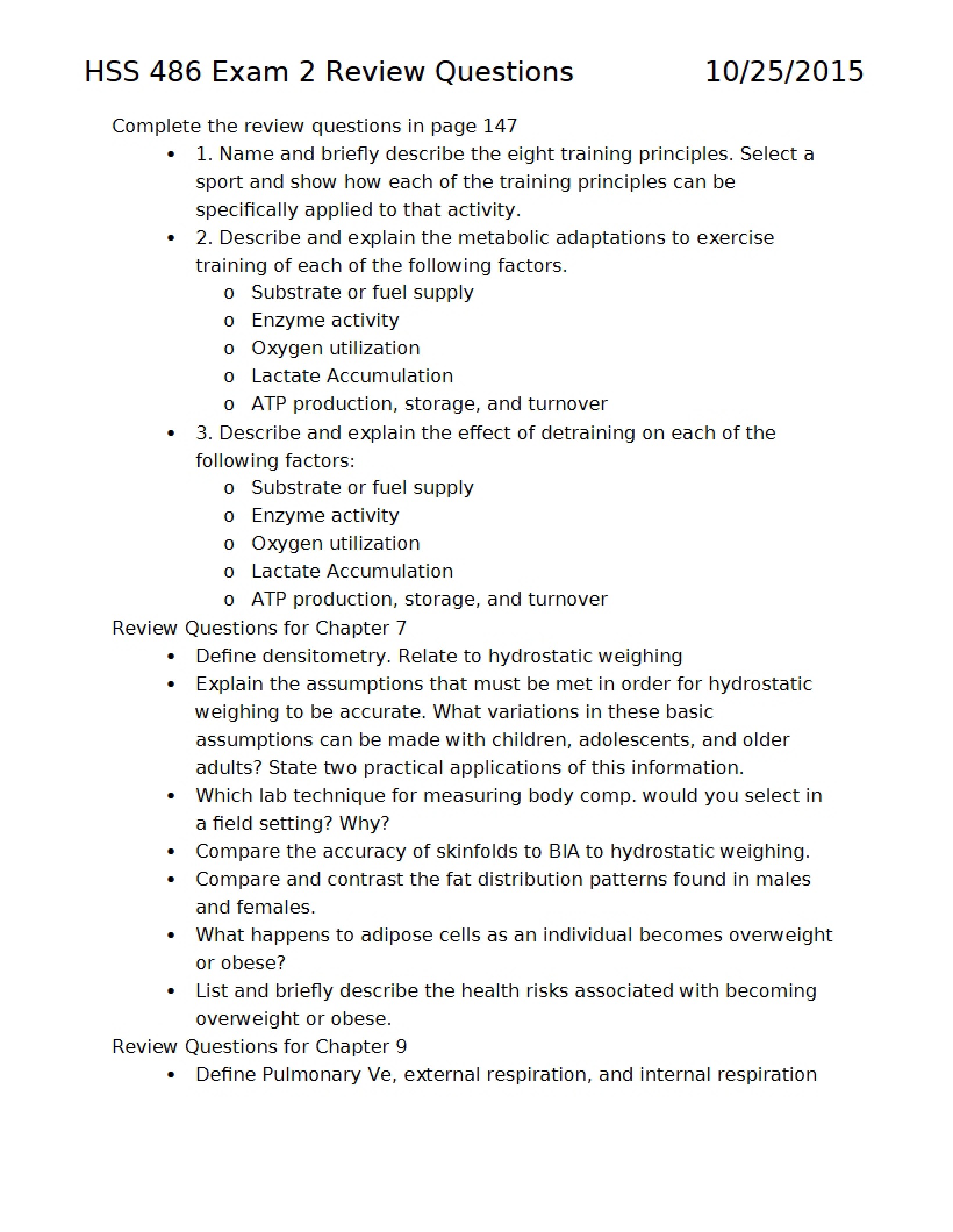 Exercise Physiology Exam 2