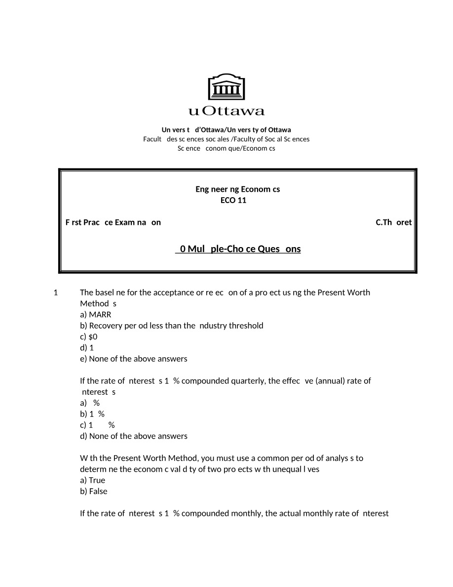 Engineering Economics ECO 1192 First Practice Exam A