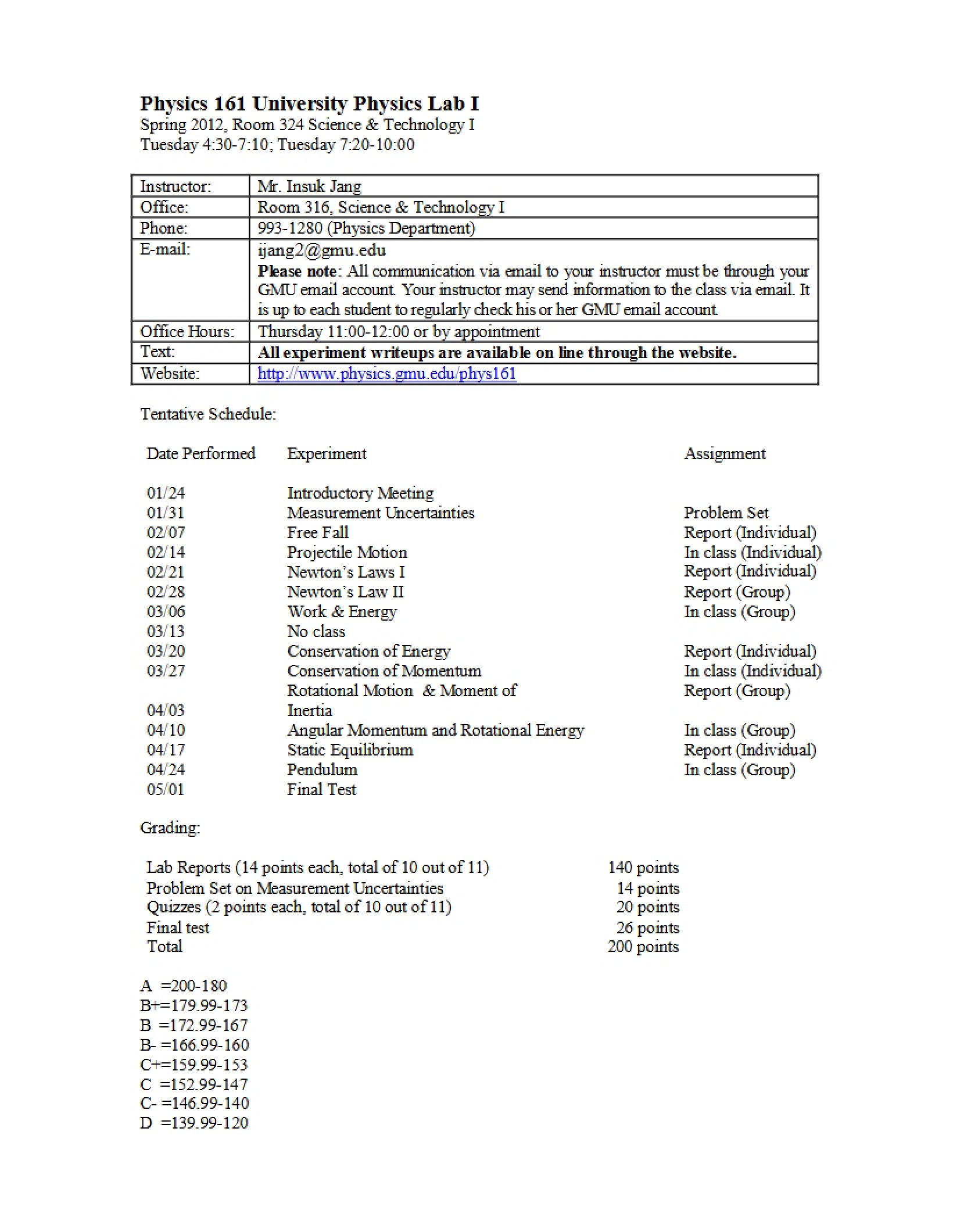 University Physics I Lab Syllabus