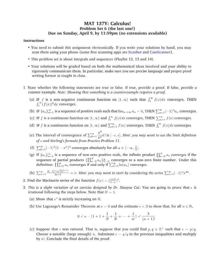 Calculus Problem Set 6 - MAT137Y