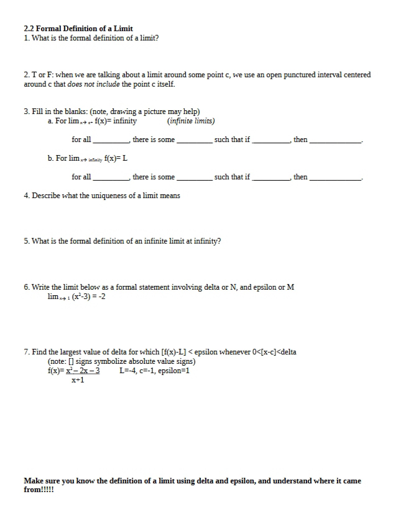 Review of Section 2.2 on the Formal Definition of a Limit