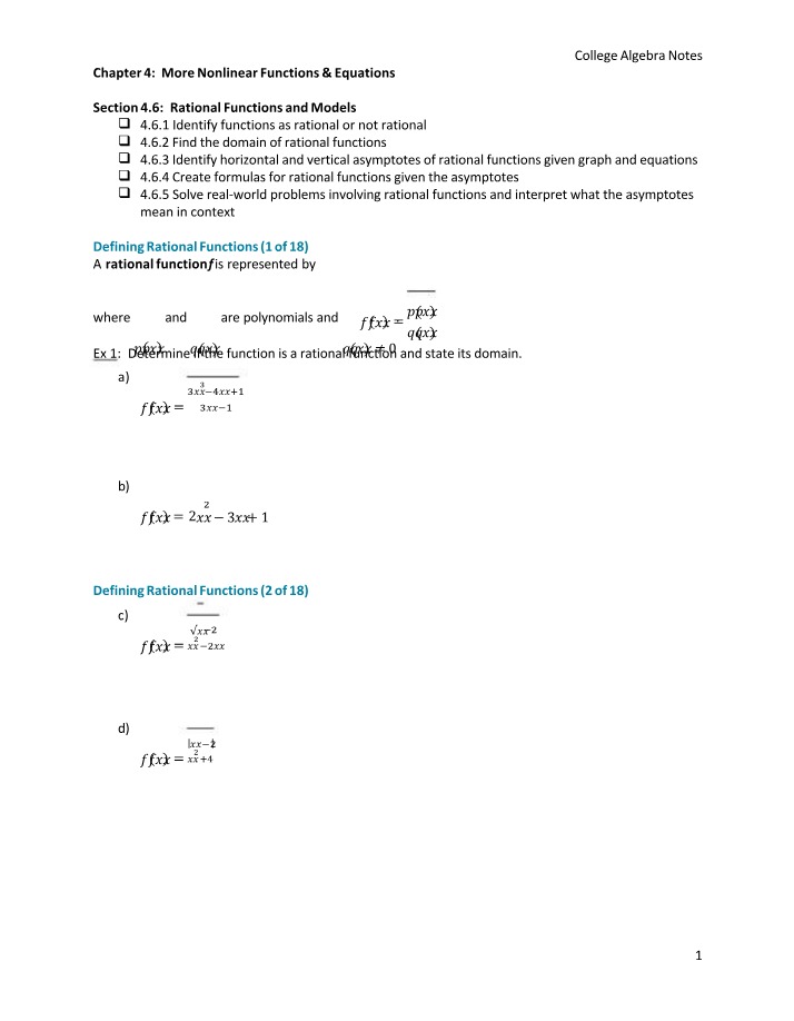 Rational Functions and Models - Section 4.6