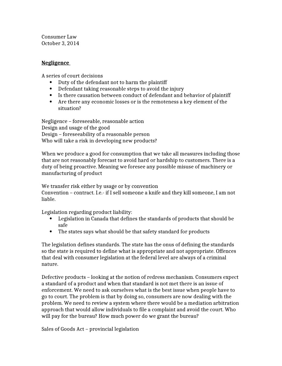 Notes on Negligence and Product Liability in Consumer Law