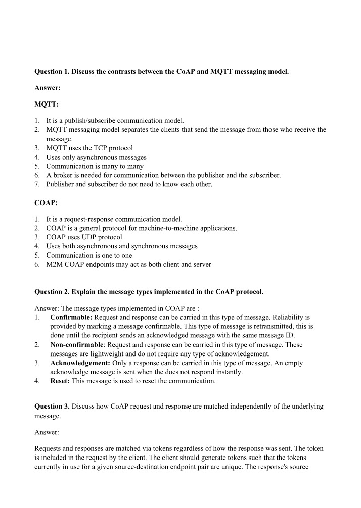 Comparison of MQTT and CoAP Messaging Models
