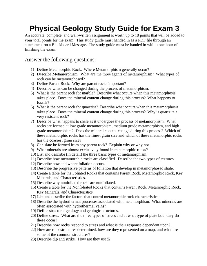 Exam 3 Study Guide - Physical Geology