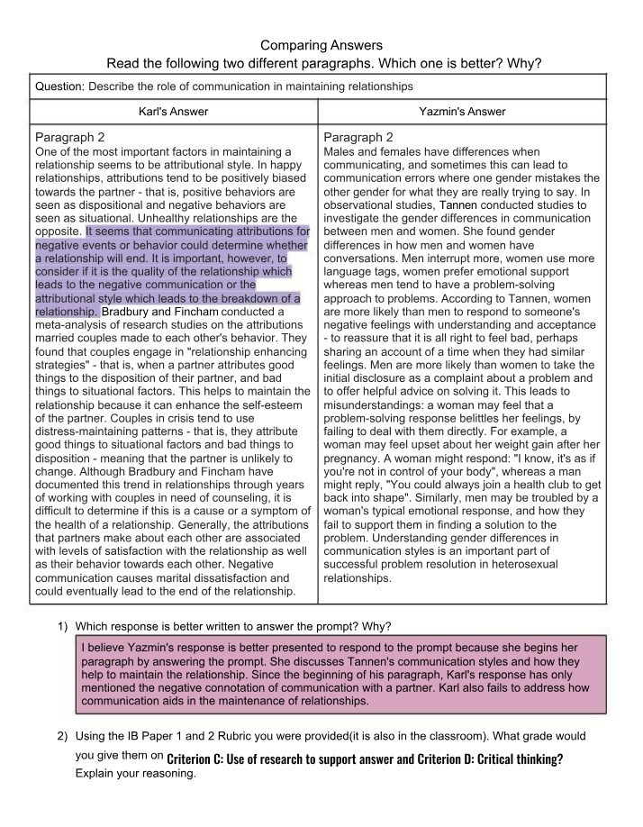 Writing Practice - Comparing Communication Answers