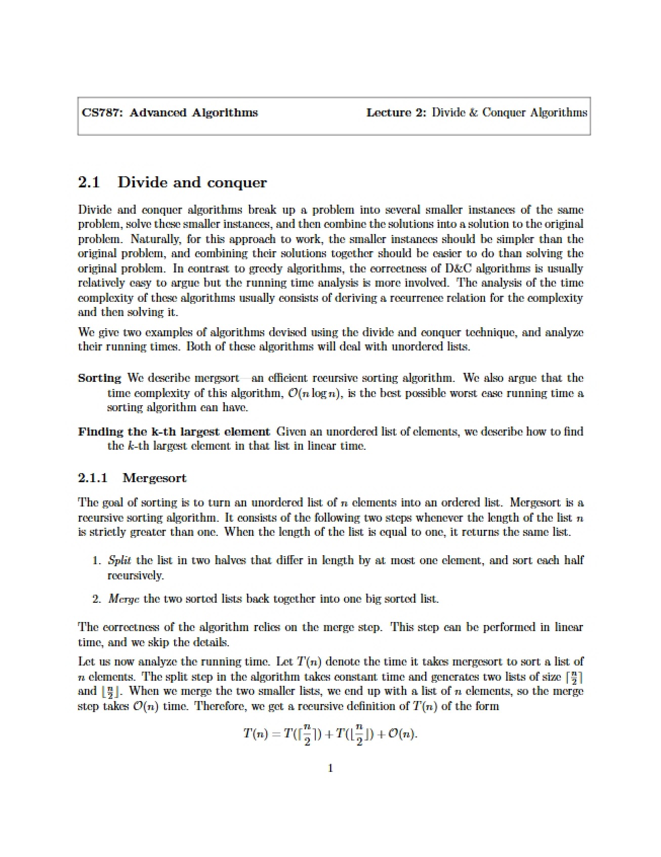 Divide and Conquer Algorithms - Lecture Two