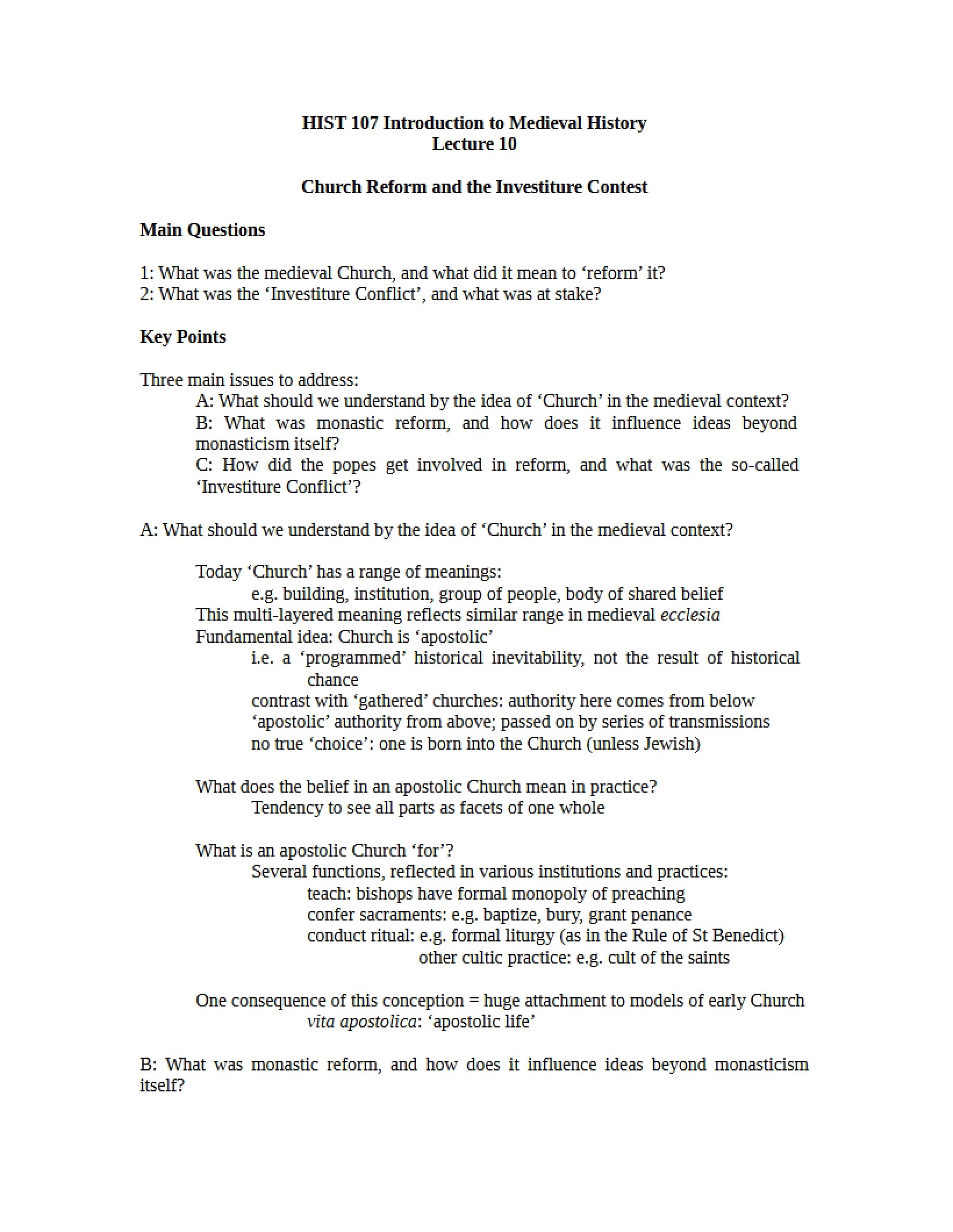 Investiture Contest and Church Reform (Lecture 10)
