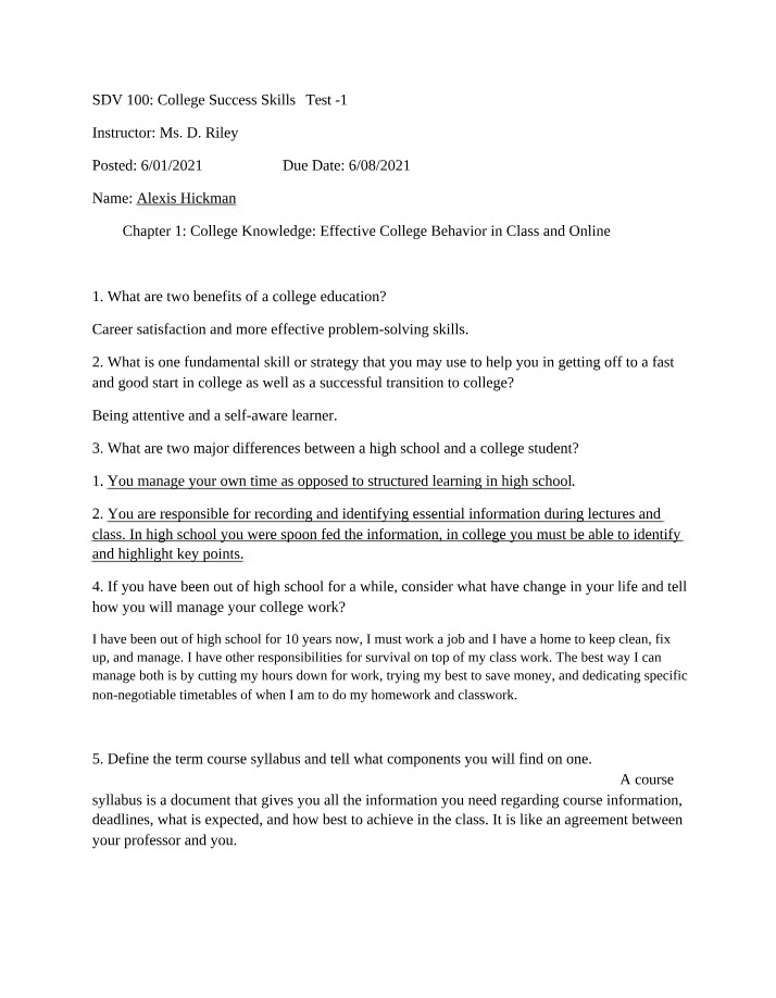 Test 1 - College Success Skills