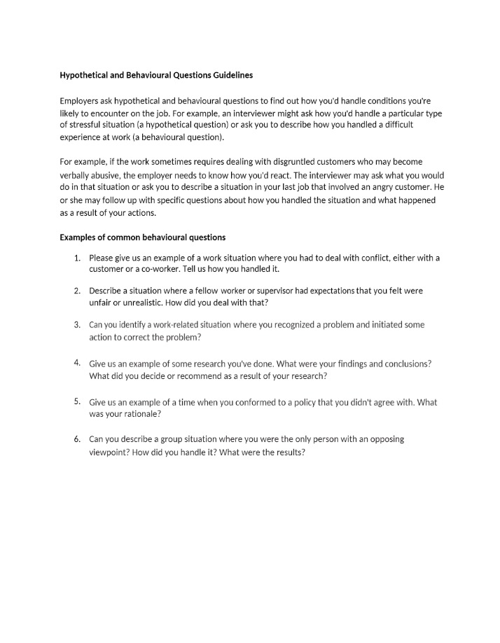 Guidelines for Behavioural and Hypothetical Questions