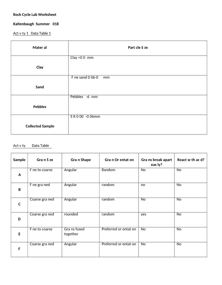Worksheet for Rock Cycle Lab