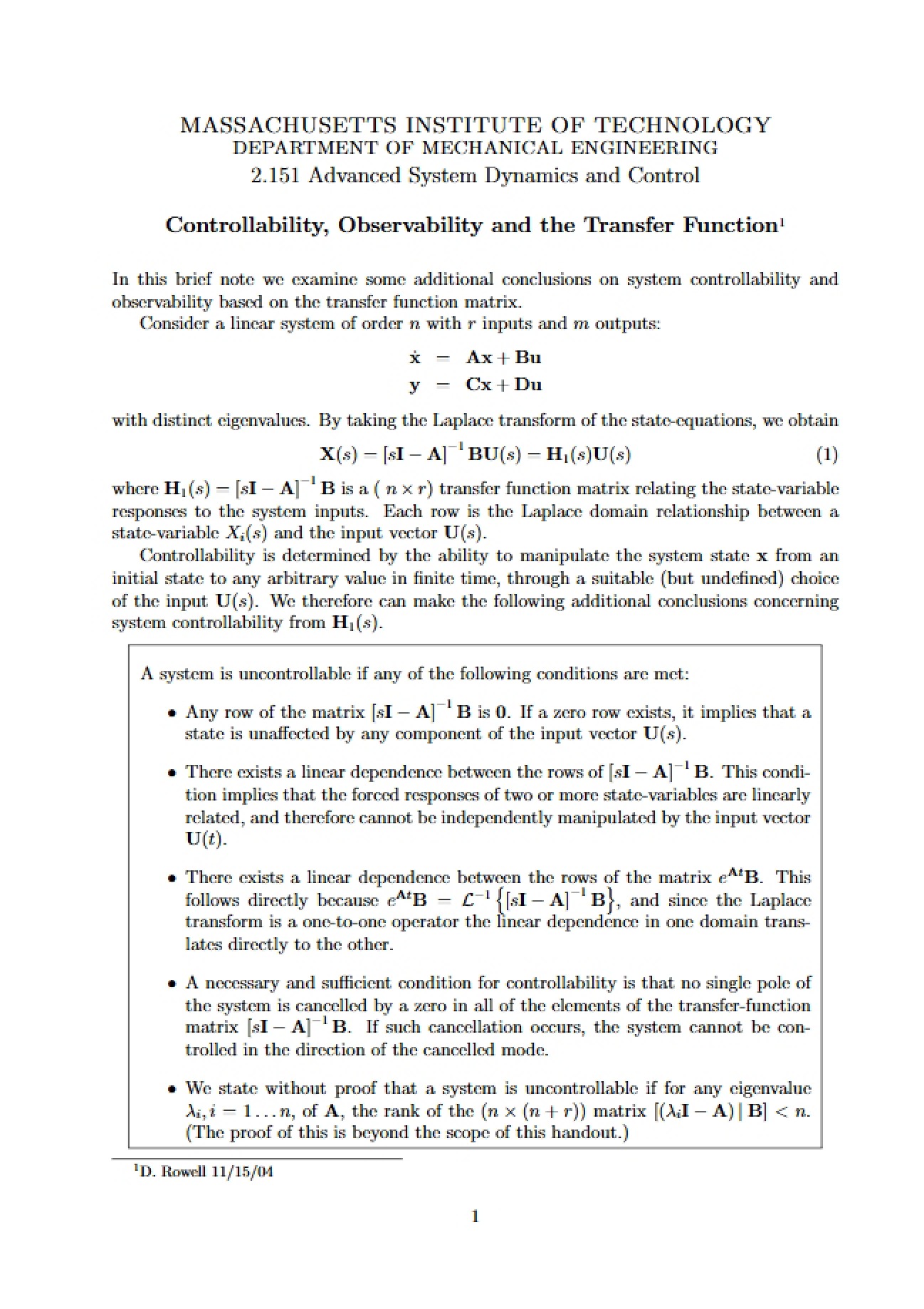 Transfer Function, Observability, and Controllability