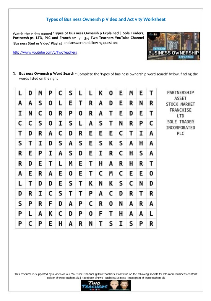 Worksheet - Types of Business Ownership